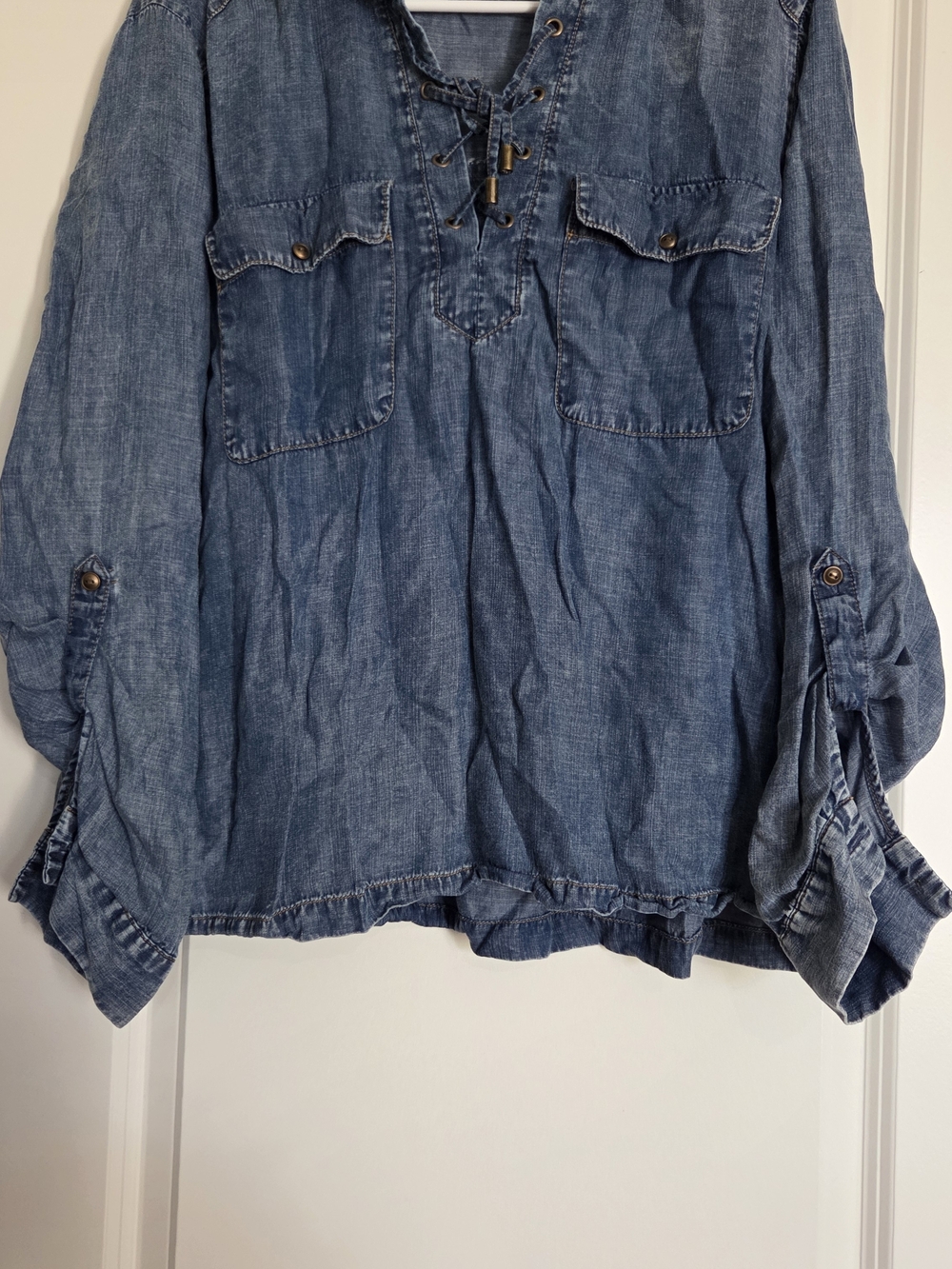 Jane and Delancey Blue Denim Lace-Up Utility Blouse